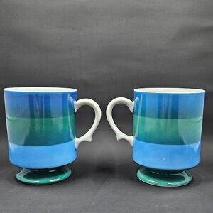 COPY - MCM 1966 Holt Howard Footed Pedestal Mugs (pair) 7932  Blue Green Stripe…
